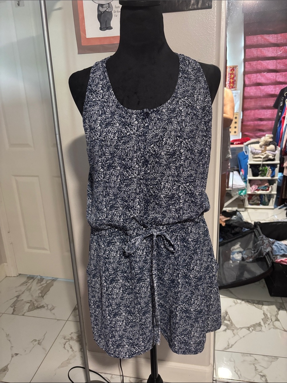 Navy & White Printed Sleeveless Romper